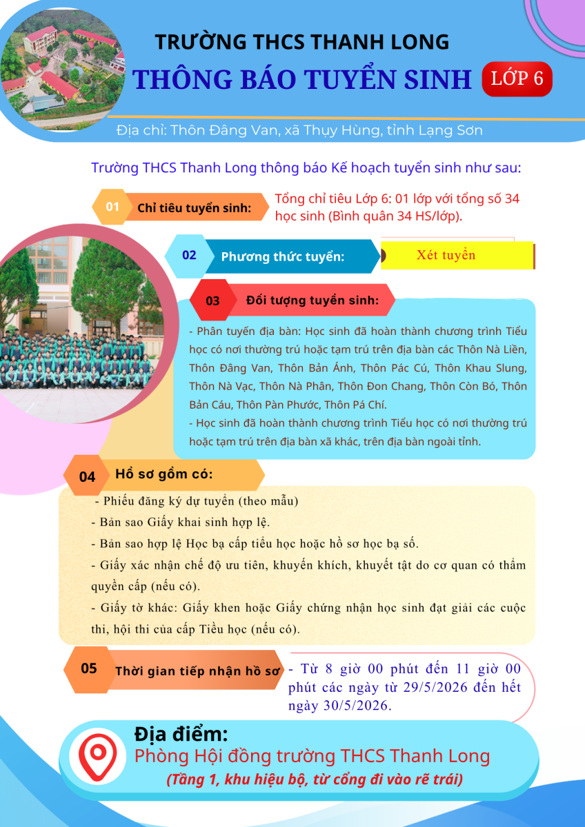 Thông báo tuyển sinh Lớp 6 Năm học 2026-2027